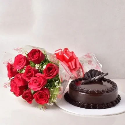 hocolate-truffle-cake-with-10-red-roses-bouquet